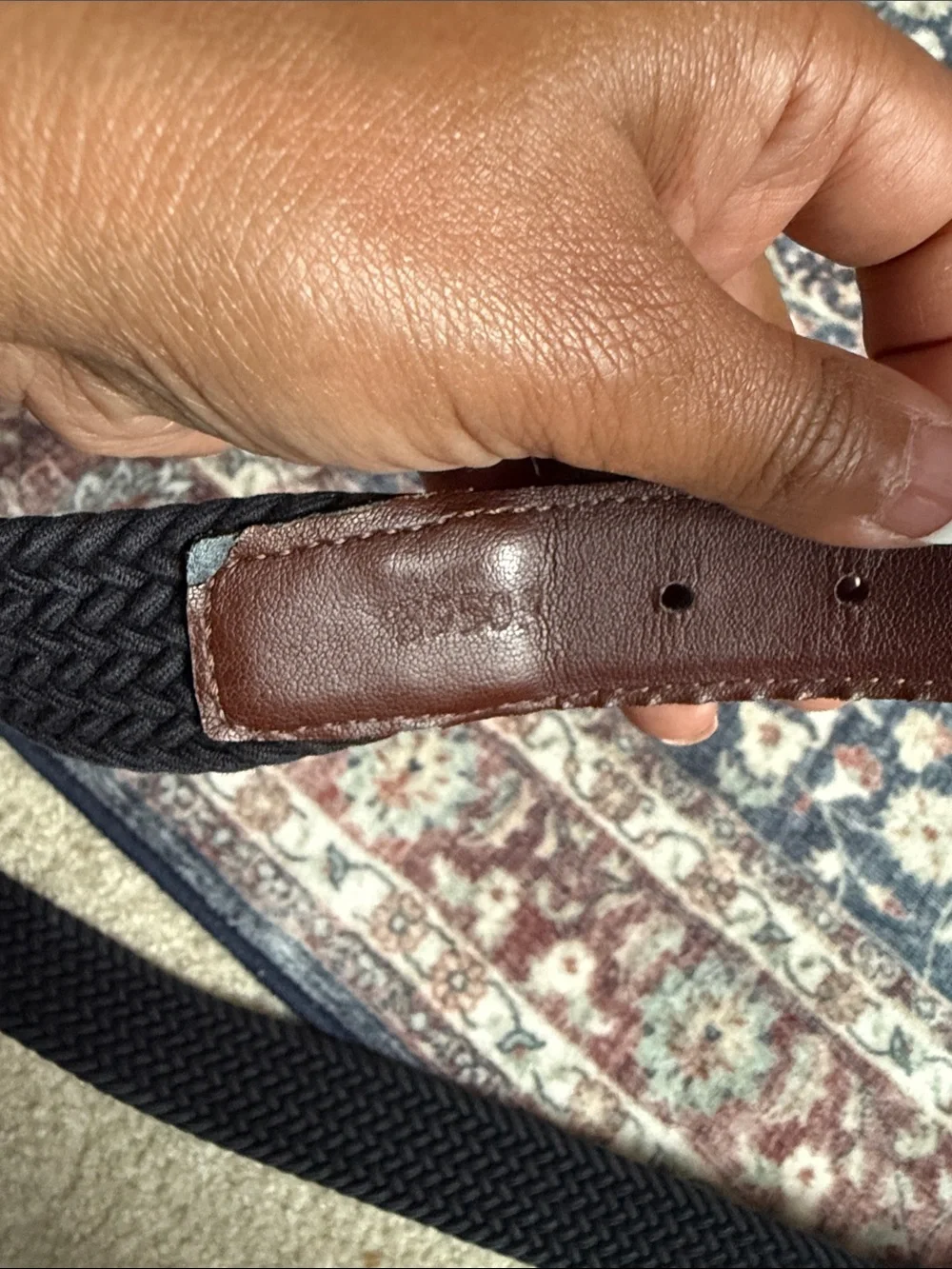 Men's Black Woven Belt with Brown Leather Trim and Silver Buckle